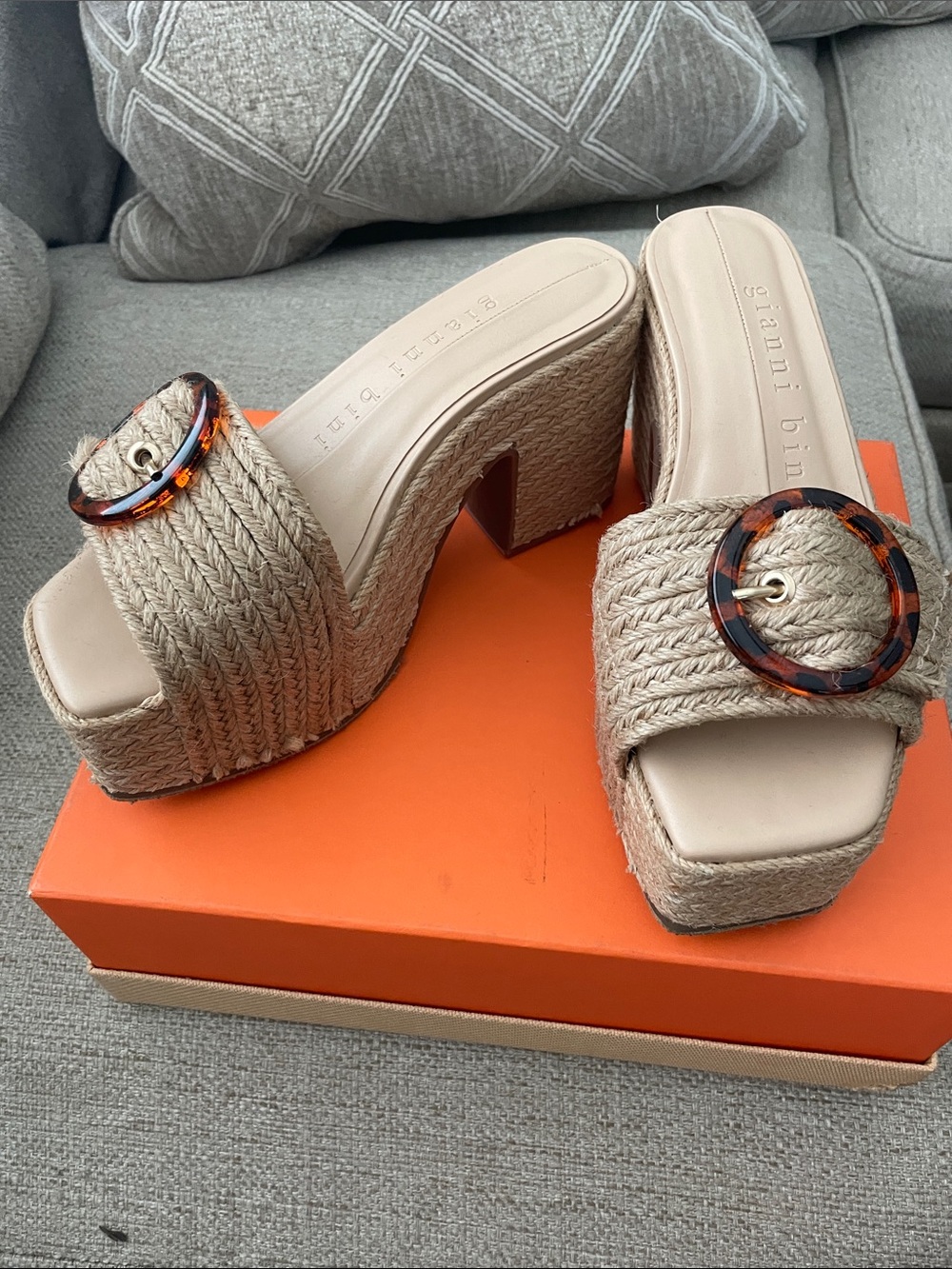 Gianni Bini Beige Espadrille Platform Slide Sandals with Tortoiseshell Buckle